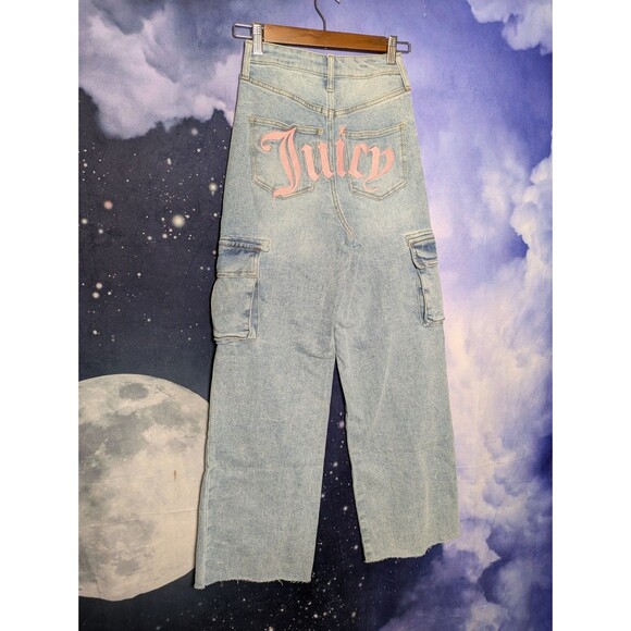 Juicy Couture Pink Logo Cargo Jeans Y2K Wide Leg Raw Hem Size 0/24 Lunita - Picture 10 of 10